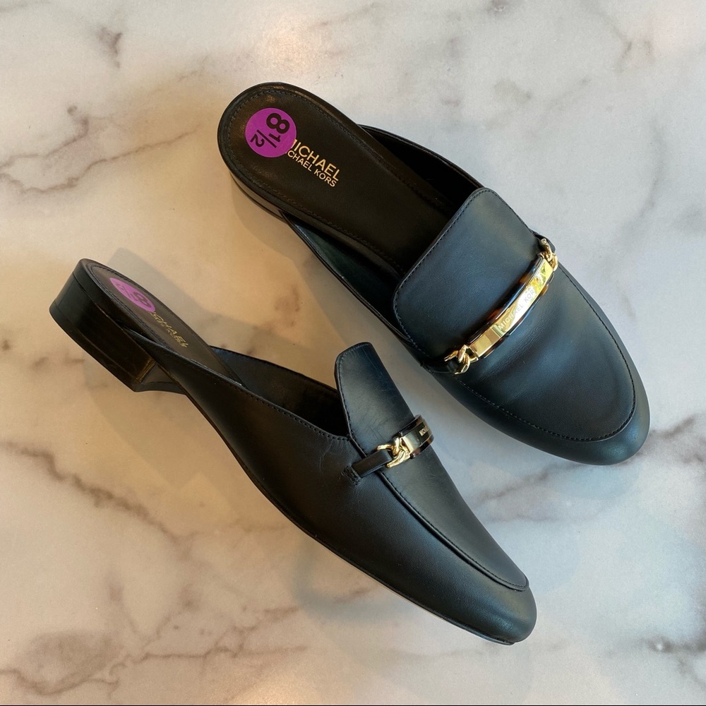 MICHAEL KORS Michael Black Leather Nadia Mule Flat Tortoise Gold